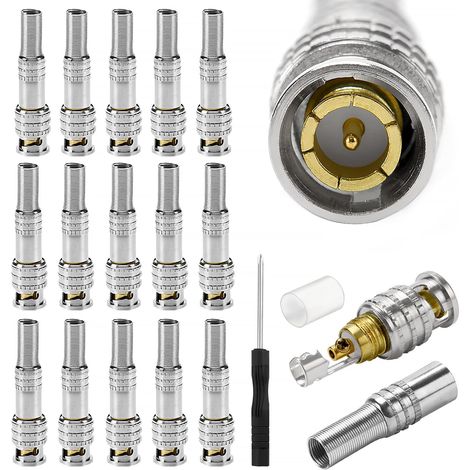 15 Pièces Connecteurs Coaxiaux Mâles BNC, Prise BNC Mâle sans Soudure à Vis RG59 RG6 Cable Coaxial Connecteur, Prise Q9 vers Câble Coaxial RG59 pour Caméra de Surveillance, avec Tournevis (1/5)