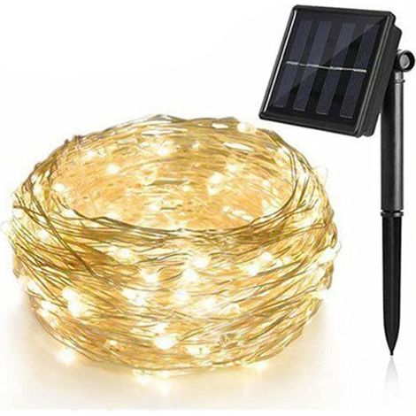 Guirlande LED Solaire 10M 100LED pour Jardin Terrasse Noël Étanche 8 Modes Éclairage Décoratif Blanc Chaud