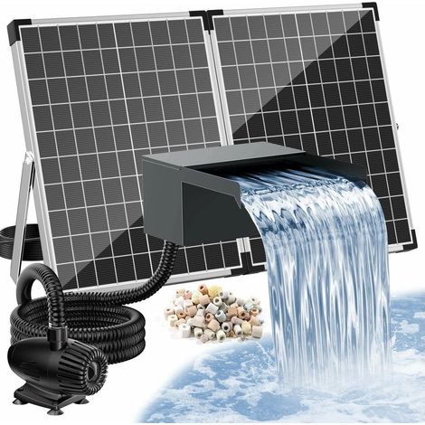 POPOSOAP Solar Wasserfall für Teich, 55W Solarpanel, 2000 L/h Pumpe, 20 cm Edelstahl-Wasserfall, 3 m Schlauch, Garten