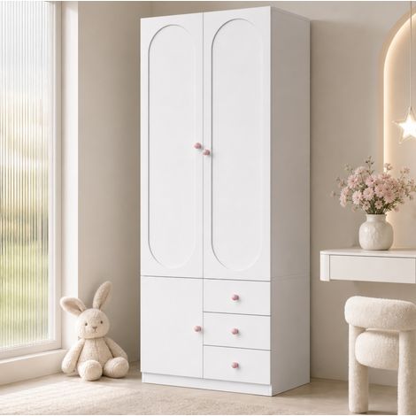 MODFU – Armoire enfant 80x50x200 cm MDF – 2 portes, 3 tiroirs et penderie – Poignées roses et anti-basculement – Chambre – Blanc (1/5)