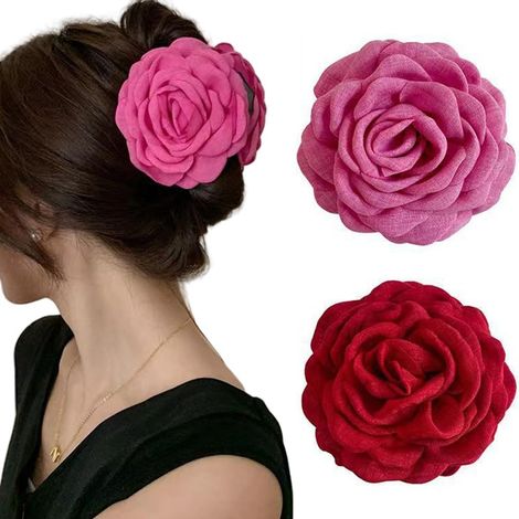 Pince Cheveux 2 Pcs Fleur Pince Griffes Colorée Maintien Fort Grandes Antidérapantes Élégantes Accessoires pour Femmes Filles(Rose + Rouge) (1/5)
