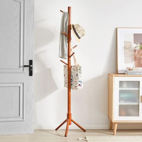 Portemanteau en Bois, Portant à Vêtements avec 8 Crochets, Porte Manteau sur Pieds, Assemblage Facile, pour Chapeau, Vêtements, Sac à Main, Foulards, parapluie (Marron) (1/3)
