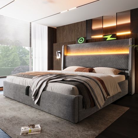 Lit double hydraulique moderne 140x200 cm avec tête haute, LED, rangement et ports USB/Type-C, lin gris (avec matelas)