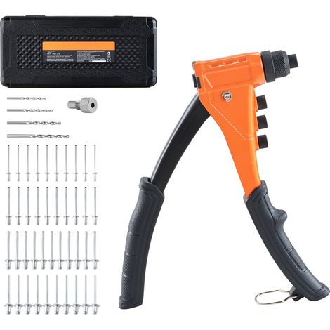 Kit Riveteuse à Main, 200 Rivets Pop Inclus, Riveteuse Monobloc Robustesse avec 4 Embouts Interchangeables, 4 Forets et Mallette de Rangement, Outil de Rivetage Manuel pour Métal, Auto, Maison (1/5)