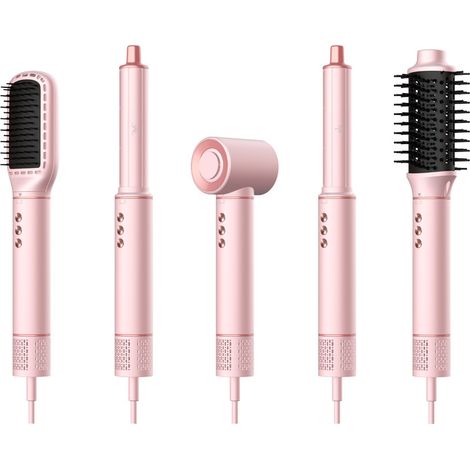 Sèche-cheveux ionique rose sans lame à haute vitesse, peigne à air chaud et fer à friser : un ensemble d’appareils ménag (1/5)