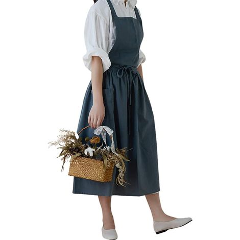 Damenschürze im japanischen Stil mit gekreuzten Trägern, schlichter Vintage-Baumwolle, 2 Taschen, geeignet für Köchinnen, Floristinnen und Cafés.