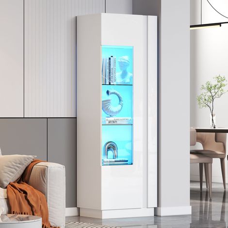 Vitrine blanche 60x40x180 cm, porte acrylique, finition laquée brillante, meuble de rangement haut avec éclairage LED, 3 tablettes en verre, armoire verticale, placard étroit, meuble colonne, blanc (1/5)