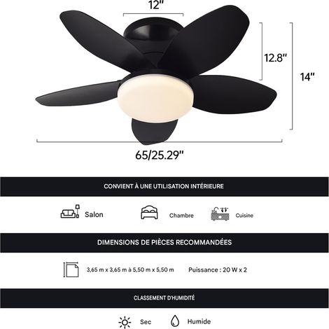Plafonnier ventilateur moderne 25 pouces, éclairage LED dimmable, télécommande, minuterie 1/4/8 h, moteur silencieux réversible, Noir (1/3)
