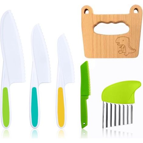 Juego de 6 cuchillos de cocina para niños，Juego de cuchillos，con hoja de madera，hoja de plástico，cortador de patatas，ensaladas y pasteles (1/5)