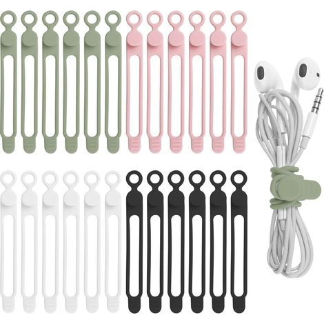 Set di 24 fascette in silicone per cavi, ideali per cuffie, caricabatterie, computer. Fascette riutilizzabili per casa, ufficio, cucina e scuola (4 colori). (1/5)