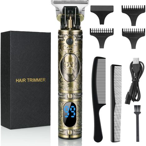 Tondeuse Cheveux Hommes, Barbe Professionnel Finition Sans Fil à T-Blade Rasoir Homme avec écran LED Rechargeable USB, 3 Peignes de Guidage,cadeau fête des pères Or-1 - (1/5)