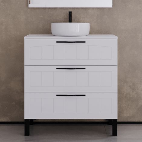 Meuble de salle de bain 80cm avec plateau et vasque à poser ronde - 3 tiroirs - sans miroir - blanc - CALA (1/5)