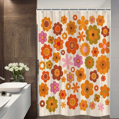 Happy Camp Rideau de douche rétro en tissu court pour caravane de voyage, salle de bain, style années 70, style bohème, camping, accessoires de décoration d'extérieur avec crochets 119 x 162 cm (1/5)