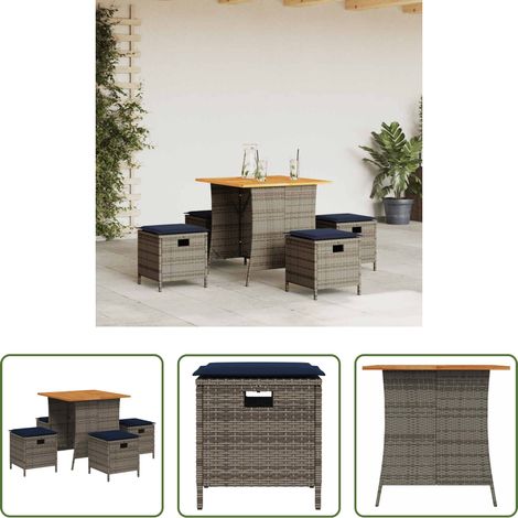Gartentisch - 5-tlg. Garten-Essgruppe mit Kissen Grau Poly Rattan (1/5)