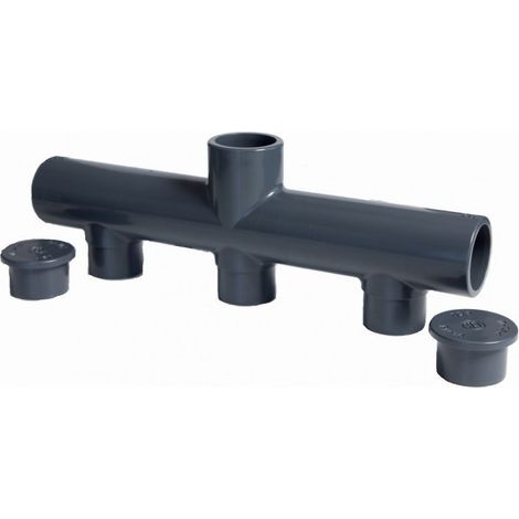 Collecteur PVC pression à coller Ø 50 mm – 5 sorties femelles – 1 entrée mâle – Longueur 39 cm – Pression 16 bars – Jardiboutique (1/2)