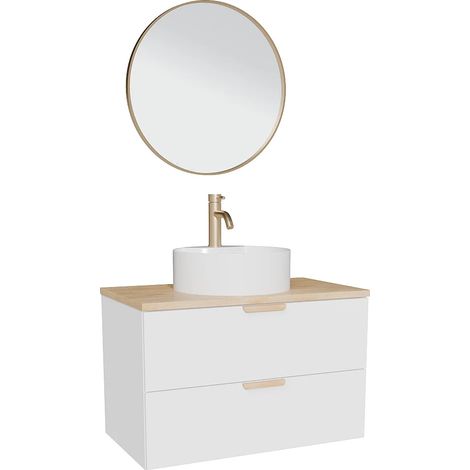 Meuble de salle de bain suspendu avec vasque à poser ronde, robinet et miroir – Blanc – L80 cm – AVORELI (1/5)