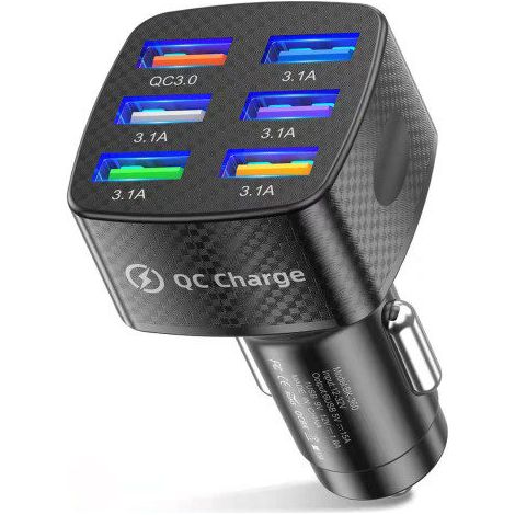 Chargeur de voiture USB multiport QC3.0 avec 6 ports USB pour téléphones et GPS Android/iOS (noir) (1/5)