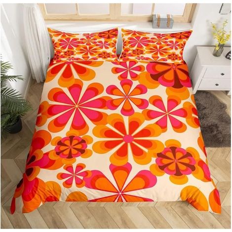 Vintage Boho Plant Floral Parure de Lit 220x240cm 60S 70S Groovy Sets de Housse de Couette Retro Hippie Floral Réversible - RKT (1/4)