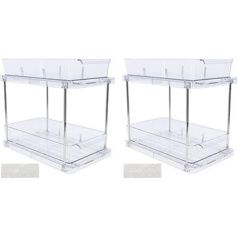 Organisateur de placard vertical coulissant à 2 niveaux, multifonctionnel, transparent, pour épices, idéal pour les placards de cuisine et les plans de travail de salle de bain. (1/5)