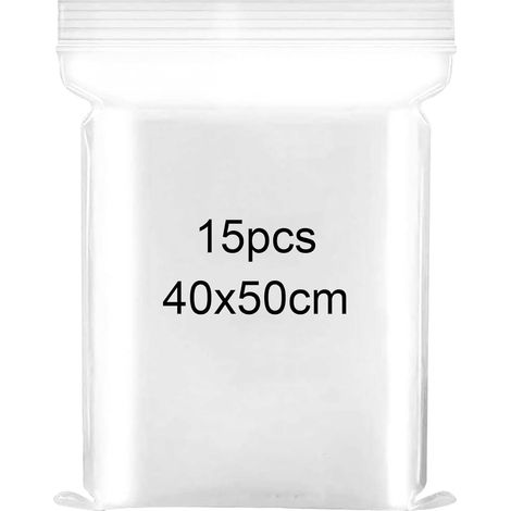 Pack of 15 Large Transparent Cellophane Bags with Zip Closure Plastic Bags for Clothes, T-Shirts, Trousers, Storage, 40 x 50 cm (1/5)