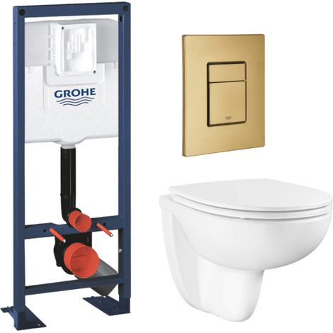 Pack WC suspendido GROHE sin brida y carenado + Asiento Bau Ceramic + Bastidor de anchura reducida + Placa de accionamiento Cool Sunrise (1/4)