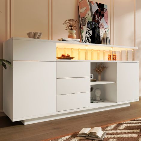 Credenza 160x40x75 cm bianca con illuminazione a LED e supporti in acrilico, cassettiera in legno con 4 cassetti e 2 ante, mobile multiuso con ripiani regolabili per soggiorno, cucina, corridoio (1/5)