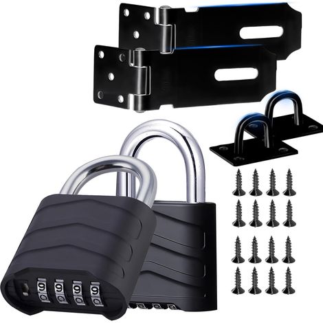 Lot de 2 loquets de porte et cadenas à combinaison, cadenas étanche à combinaison à 4 chiffres avec loquet de portail de jardin en acier inoxydable à 180 degrés, pour porte d'abri de jardin, boîte de (1/5)