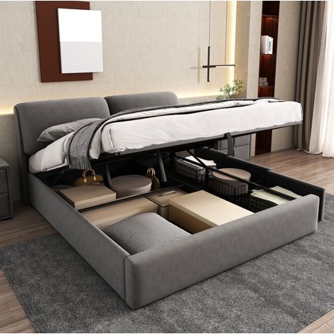 MODFU – Letto matrimoniale con contenitore idraulico 160x200 cm in velluto con 3 cassetti, testiera regolabile, rete e portata 300 kg – Grigio (1/5)