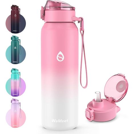 Trinkflasche 700ml Strohhalm Edelstahl Auslaufsicher Rosa Weiss 700 ml (1/5)