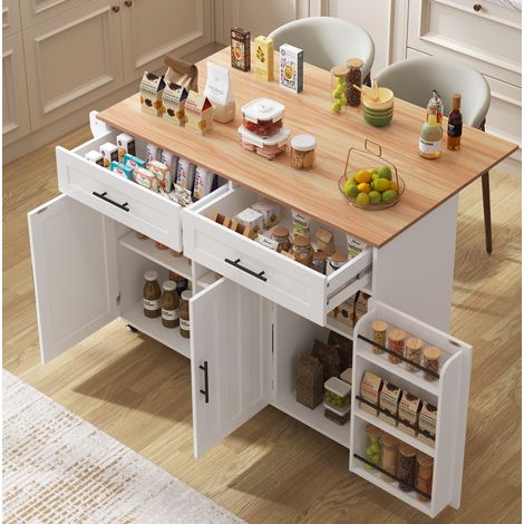 Desserte de cuisine 129x71x91.5 cm blanche en MDF avec plateau rabattable et roulettes (1/5)