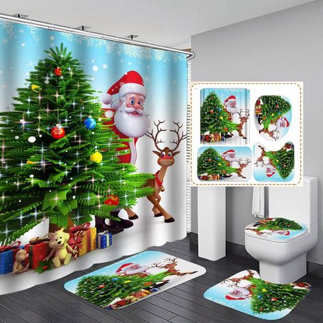 Rideau De Douche Santa - Polyester Imprimé Numérique - Pour Salle De Bain - Lot De 4 (1/5)