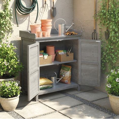 Meuble de jardin avec table de rempotage, 83 x 40 x 92 cm, plateau en métal galvanisé, gris DESVIAE (1/5)