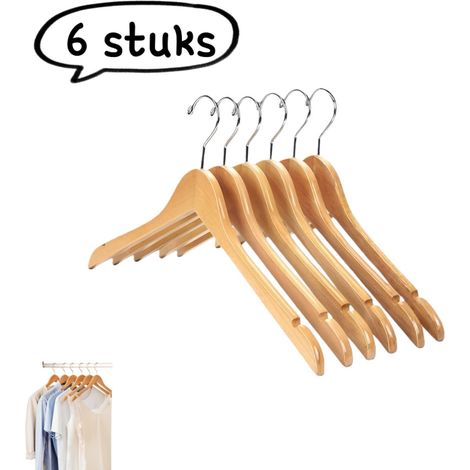 Cintre en bois massif 6 pièces – porte-manteau en bois avec rainures et crochets chromés antirouille – couleur bois d'origine (1/5)