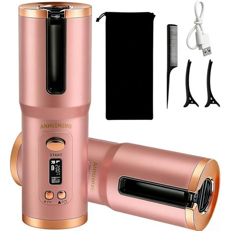 Fer à friser rotatif automatique sans fil - Longue durée - Petit 20 mm - Pour cheveux courts/longs avec grande batterie de 5200 mAh - Charge de type C - 6 températures (150-200 °C) - Rose (1/5)