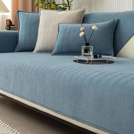 1 Housse de canapé, Tissu chenille à chevrons, Antidérapant, Lavable en machine, Protection meubles, 70x70 cm, Bleu lac