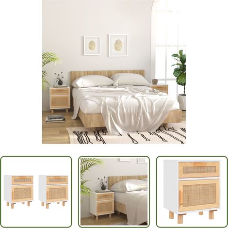 vidaXL Kiefer Nachttisch - Nachttische 2 Stk. Weiß Massivholz Kiefer und Natur-Rattan (1/5)