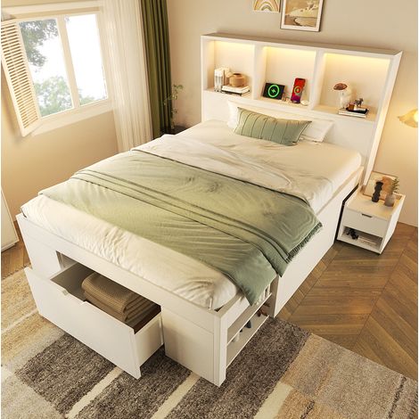 REDOM - Cama individual 90x200 con mesita móvil, madera blanca (Con colchón) (1/5)