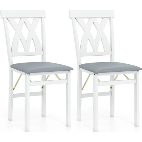 Folding Wooden Dining Chair Set of 2 Faux Leather Upholstered Kitchen Armless Chairs-White (1/5)
