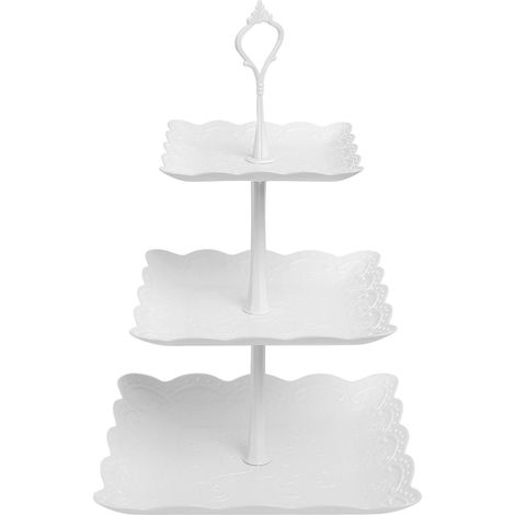 3 Tiers Cake Display Stand, White Afternoon Tea Stands, Plastic Square Cup Cake Fruit Dessert Party Server Plates Stands, Reusable Food Serving Platter Stand for Birthday, Wedding, Party (1/5)