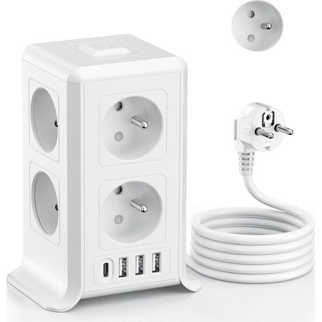Multiprise avec Interrupteur Tour, Françaises 12 en 1 Prise Multiple avec 8 AC et 4 USB, Multiprise 1 USB C et Rallonge Electrique 2M, Multi Prise Electrique Convients Maison, 3680W, Blanc (1/5)