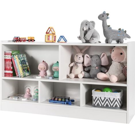 COSTWAY Kinder Spielzeugschrank Bücherregal Holz, mit 2 grossen Faechern und 3 kleinen Faechern, offen, für Spielzeug, Puppen und Büche, 111 x 30 x 61,5cm, weiss (1/5)