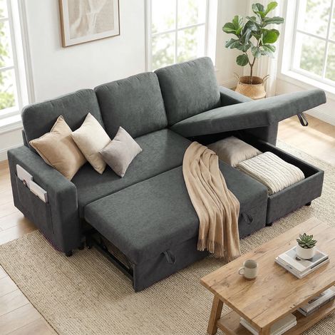 L Sofa Bed, with Storage - Charcoal Grey (1/5)