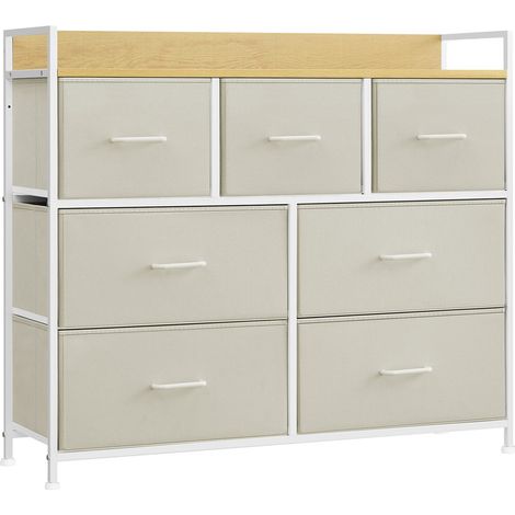 Songmics – Commode enfant 7 tiroirs en tissu – Cadre en métal – Dimensions 98 x 28,5 x 85 cm – Blanc crème et beige chêne – Kit anti-basculement inclus (1/5)