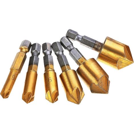 Ensemble de 6 pièces : foret d'alésage à 5 cannelures 1/4", mandrin hexagonal à chanfrein 90°, fraise FGHGF 6-19 mm (1/5)