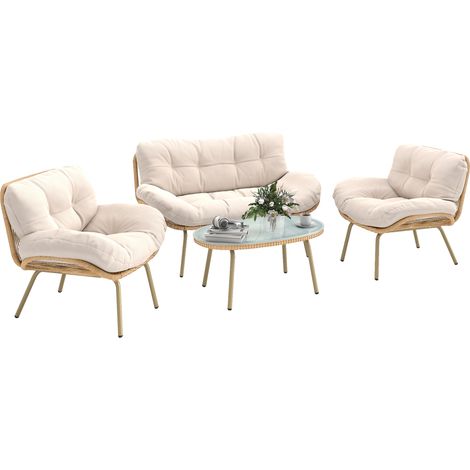 4-teiliges Terrassenmöbel-Set aus Kunstharz mit 12 cm extra dicken Kissen – 138 cm Sofa, 2 Sessel und beiger Couchtisch