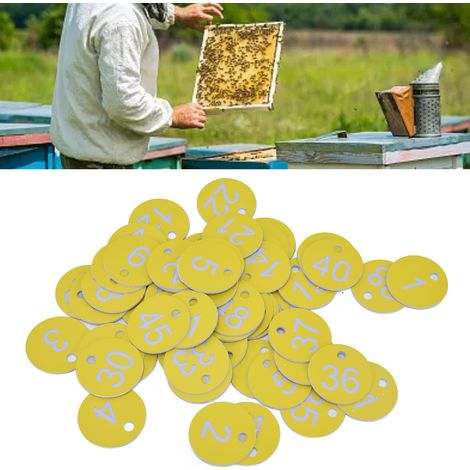 Nummerierte ABS-Bienenstocketiketten, 50er-Packung, runde Lochetiketten für Imkerei und Viehzucht, Hellgelb, Nummern 1-50 (1/5)