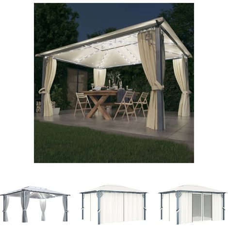 The Living Store -  Pavillon mit Vorhängen & LED-Lichterkette 400x300 cm Creme Alu (1/5)