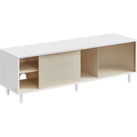 Vasagle – Meuble TV moderne pour téléviseurs jusqu'à 60" – Montage rapide sans outil – Verre cannelé – Dimensions 140 x 39 x 45 cm – Blanc nuage et beige naturel (1/5)
