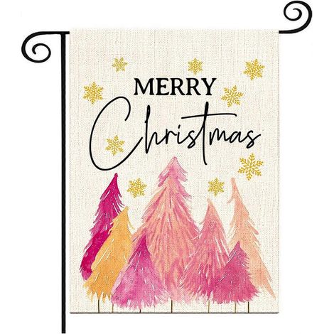 Drapeau de jardin de Noël 30 x 45 cm, drapeau de jardin de Noël de style champêtre pour la décoration de la maison, du jardin et de la ferme (Sapin de Noël rose) (1/5)