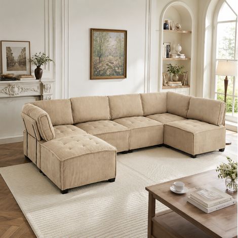 Sofá modular 6 plazas convertible en terciopelo acanalado caqui, configuración en U o L con bolsillos laterales y respaldo ergonómico para salón – CHICFURN (1/5)